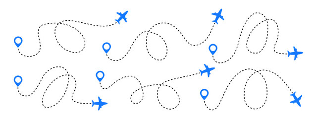 Set of flight, airplane, path travel route with start point and dash line trace vector illustration © Anastasiia