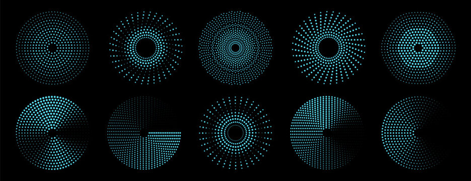 Set of futuristic circular elements composed of glowing light blue spirals, concentric lines, and halftone dots