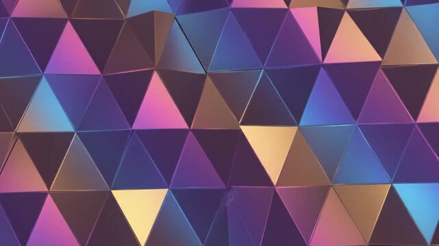 A colorful geometric pattern of multicolored triangles in shades of purple, pink, blue, and yellow, arranged in a repeating design against a white background.