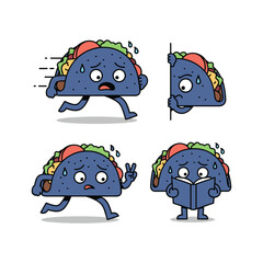 Fototapeta premium Cartoon taco character exercising and reading in different poses with copy space