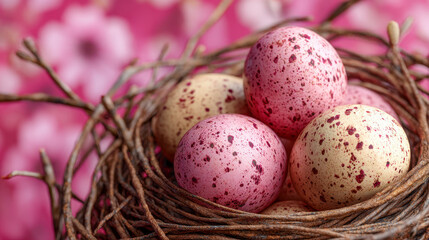 Nest with natural twigs holding a collection of speckled pink and cream decorative eggs against a soft pink floral blurred background for festive holiday decor