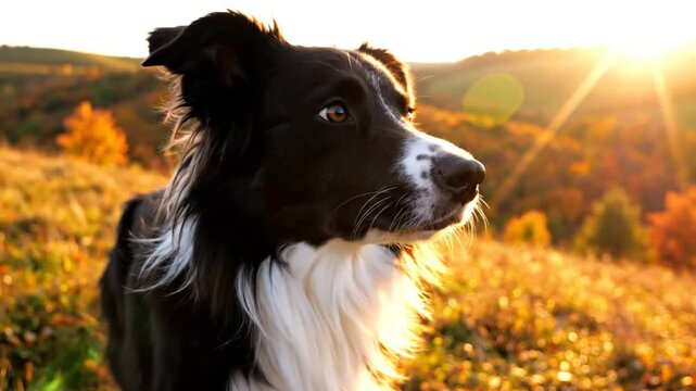Beautiful border collie dog in a field of golden grass basking in the warm autumn sunset light