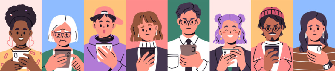 People using smartphones, apps with diverse emotions set. Characters holding mobile phones, surfing internet, chatting with happy smiling, upset and angry face expressions. Flat vector illustration