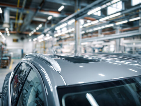 Modern silver vehicle with panoramic sunroof and roof rails inside a spacious, brightly lit automotive assembly factory with industrial equipment visible in backgrou