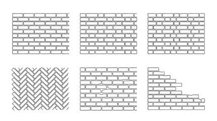 Naklejka premium brick walls , 6 black delicate line drawings vector set collection , white background , PNG and SVG 