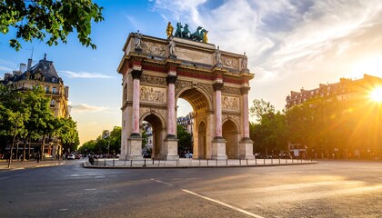 Obraz premium A stunning archway monument stands majestically on a city street at sunrise