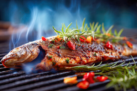 Grilled whole seasoned fish with fresh rosemary and chili peppers cooking on an outdoor grill with smoke rising against a blurred background
