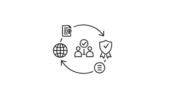 Business process workflow with global connection and quality assurance icons.