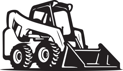 Print Dynamic black and white vector art of a skid steer loader with bucket raised, symbolizing construction, heavy machinery, and industrial work.