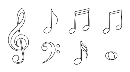 Fototapeta premium music notes , 6 black delicate line drawings vector set collection , white background , PNG and SVG 