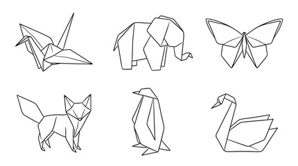 Fototapeta premium origami animals , 6 black delicate line drawings vector set collection , white background , PNG and SVG 