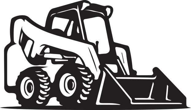 Print Dynamic black and white vector art of a skid steer loader with bucket raised, symbolizing construction, heavy machinery, and industrial work.