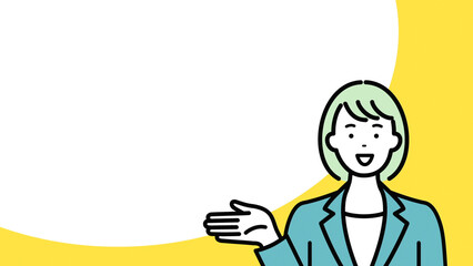 案内するビジネスウーマンと吹き出し　コピースペース