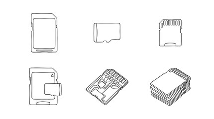 sd cards , 6 black delicate line drawings vector set collection , white background , PNG and SVG	