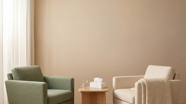 Calm therapist office with two chairs for a counseling session.