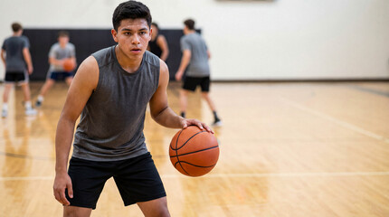 Naklejka premium Hispanic teenage student dribbling basketball in school gym.