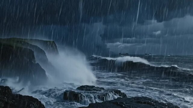 Dramatic coastal scene of a stormy sea with rain and lightning striking the ocean near rugged cliffs