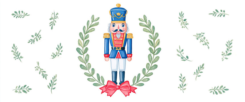 A festive watercolor pattern featuring a traditional nutcracker surrounded by holly branches on a white background.