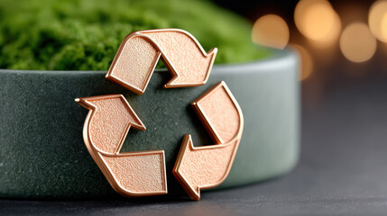 Copper recycle symbol on green planter with moss for earth day banner design and sustainable advertising campaign background for eco marketing and environmental promotion