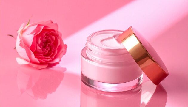 Gentle pink facial cream and a blooming rose reflecting a soft, feminine aesthetic