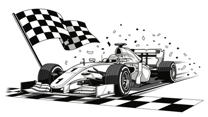 Illustration of a racing car crossing the finish line with a waving checkered flag on a white background with confetti. © AntonAlfatih02