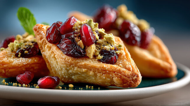 Pomegranate and pistachio filled hamantaschen on ceramic plate for purim gifting banner announcement promoting seasonal dessert gift boxes and bakery treats for holiday shoppers