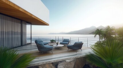 Terrace with view of ocean featuring seating area and plants during daylight hours