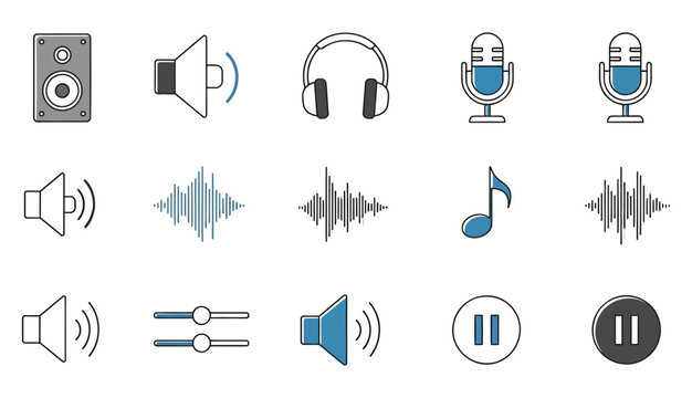 modern icon set, arranged in a 3x5 grid on a crisp white background, depicting various audio-related symbols.