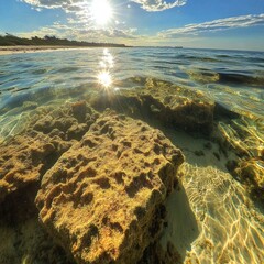 Sunlight sparkles on clear tide pools revealing rocks and sand near the water's edge during the afternoon