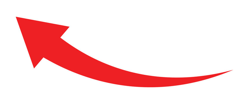 Red curved arrow pointing left indicating action on a white background image. Curved red arrow pointing up , Growth and success concept for business presentations.