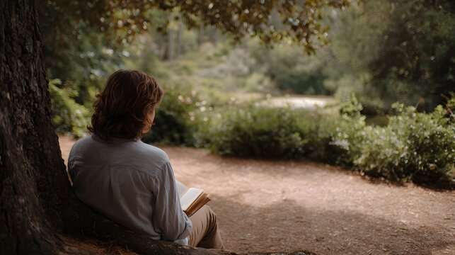 A person finds a peaceful moment reading a book under the shade of a large tree in a serene natural outdoor setting
