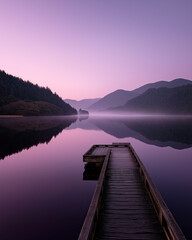 Fototapeta premium A wooden dock leads into a calm lake reflecting purple and pink mountains at dawn.