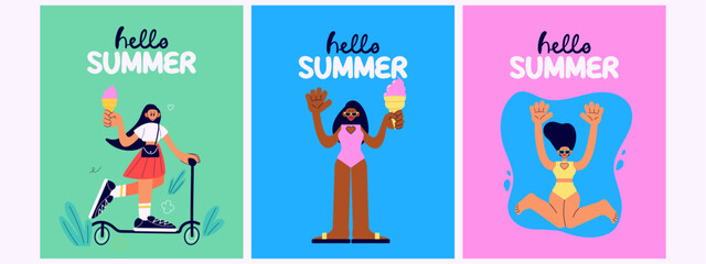 Hello Summer greeting card set with stylish woman swimming, riding a scooter with ice cream. Flat vector illustration on bright background with lettering. Perfect for seasonal banners, social media, p