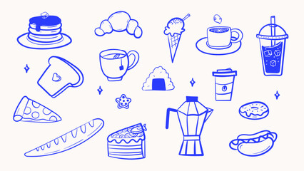 Hand drawn food and drink doodle set in ink line style. Collection of breakfast, bakery, coffee, fast food and dessert illustrations isolated on light background. Perfect for menus, stickers, brand