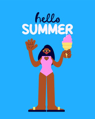 Hello Summer greeting card with stylish woman in swimsuit holding ice cream. Flat vector illustration on blue background with lettering. Perfect for seasonal banners, social media, posters and holiday