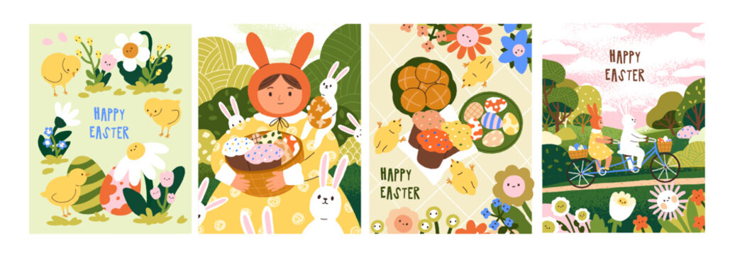 Cute Happy Easter cards designs set. Greeting postcards with fairytale characters, painted eggs, rabbits, bunnies and festive cakes. Spring holidays congratulations. Colored flat vector illustrations