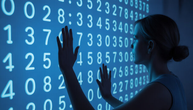 Woman Touching Abstract Digital Information Cloud In Virtual Environment