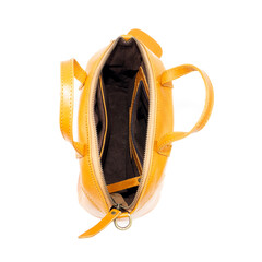 Yellow leather handbag open and empty, isolated on white background. Perfect for leather product catalog design