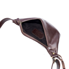 An open and empty brown sling bag, isolated on a white background. Perfect for leather product catalog design.