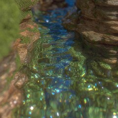 Sunlight reflecting off clear tide pools with colorful patterns in a coastal rock formation during low tide at midday