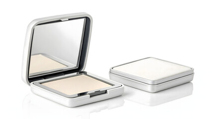 Professional beauty makeup set featuring a pink case with brushes and a colorful eyeshadow palette isolated on white