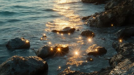 Sunlight sparkles over the sea waves creating a bright pattern on the rocky coast at dusk