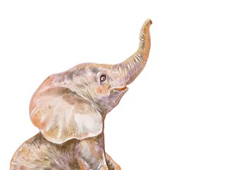 Fototapeta premium Elephant character, cute safari animal with long trunk in soft brown tones. Watercolor children illustration, gentle and friendly style, isolated on white background for nursery, book or poster design