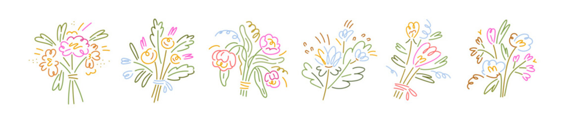 Abstract minimalistic flowers, modern creative bouquets set. Trendy floral bunches, line art style. Simple spring plants, romantic gift. Colored drawn vector illustrations isolated on white background