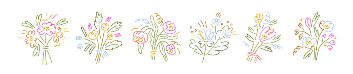 Fototapete Rund Restaurant Abstract minimalistic flowers, modern creative bouquets set. Trendy floral bunches, line art style. Simple spring plants, romantic gift. Colored drawn vector illustrations isolated on white background  © Good Studio