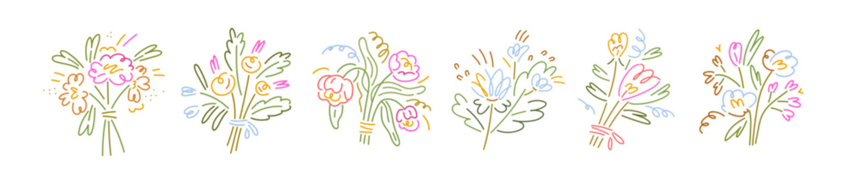 Abstract minimalistic flowers, modern creative bouquets set. Trendy floral bunches, line art style. Simple spring plants, romantic gift. Colored drawn vector illustrations isolated on white background