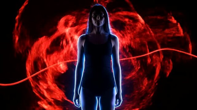 A silhouette of a woman stands against a dramatic, glowing red background with swirling patterns and a thin red line curving across the scene
