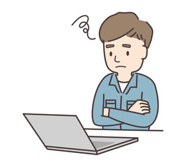 PC操作に悩む男性作業員のイラスト