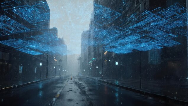 City street scene with digital overlay of glowing blue lines representing network data