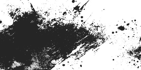Fototapeta premium Abstract black paint splatter with rough grunge texture dust scratches expressive brush strokes on white background.